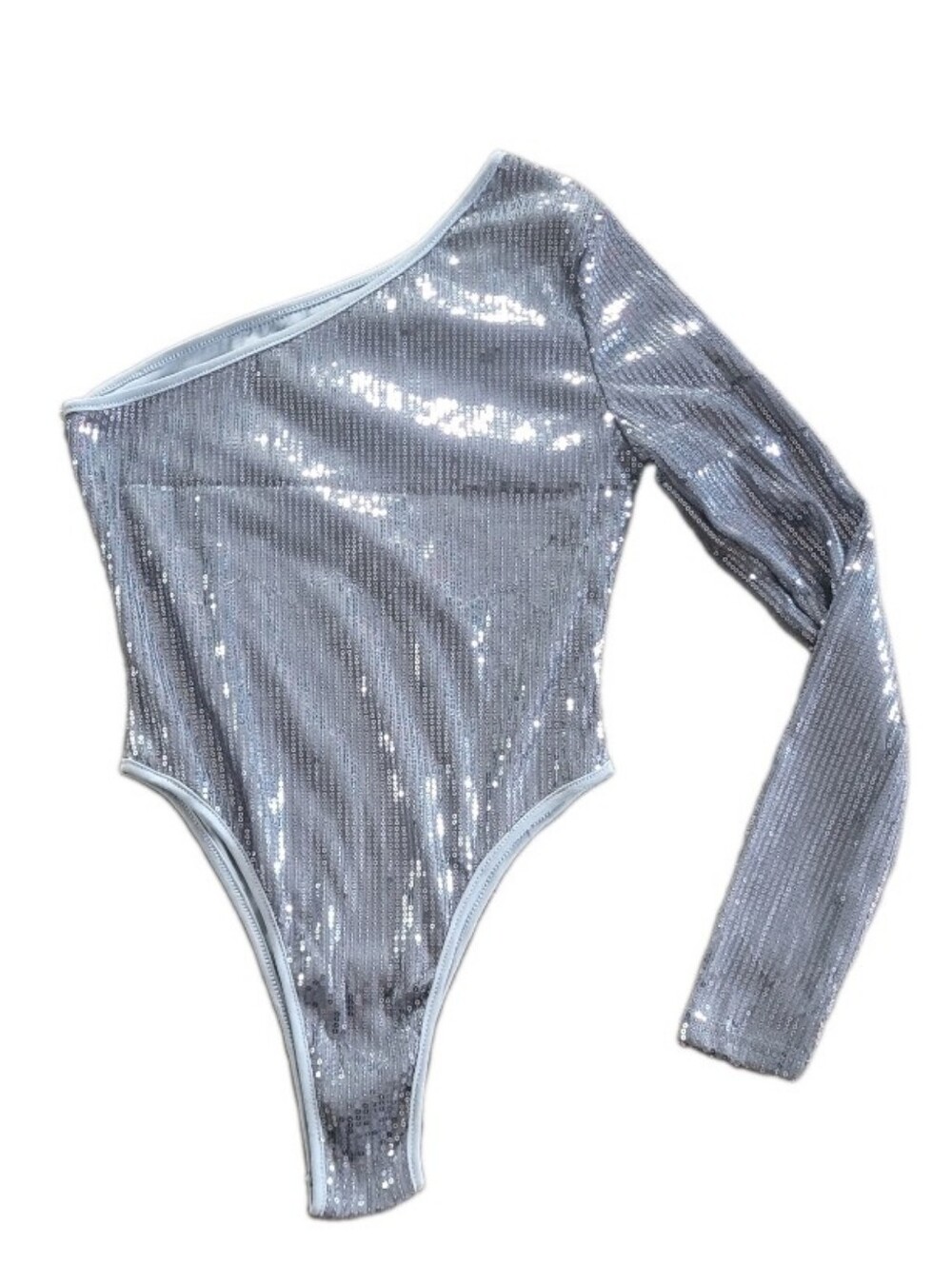 Sexy One.Shoulder Tight Rhinestone Sequin Bodysuit Silver  Size XS Flirty Glam